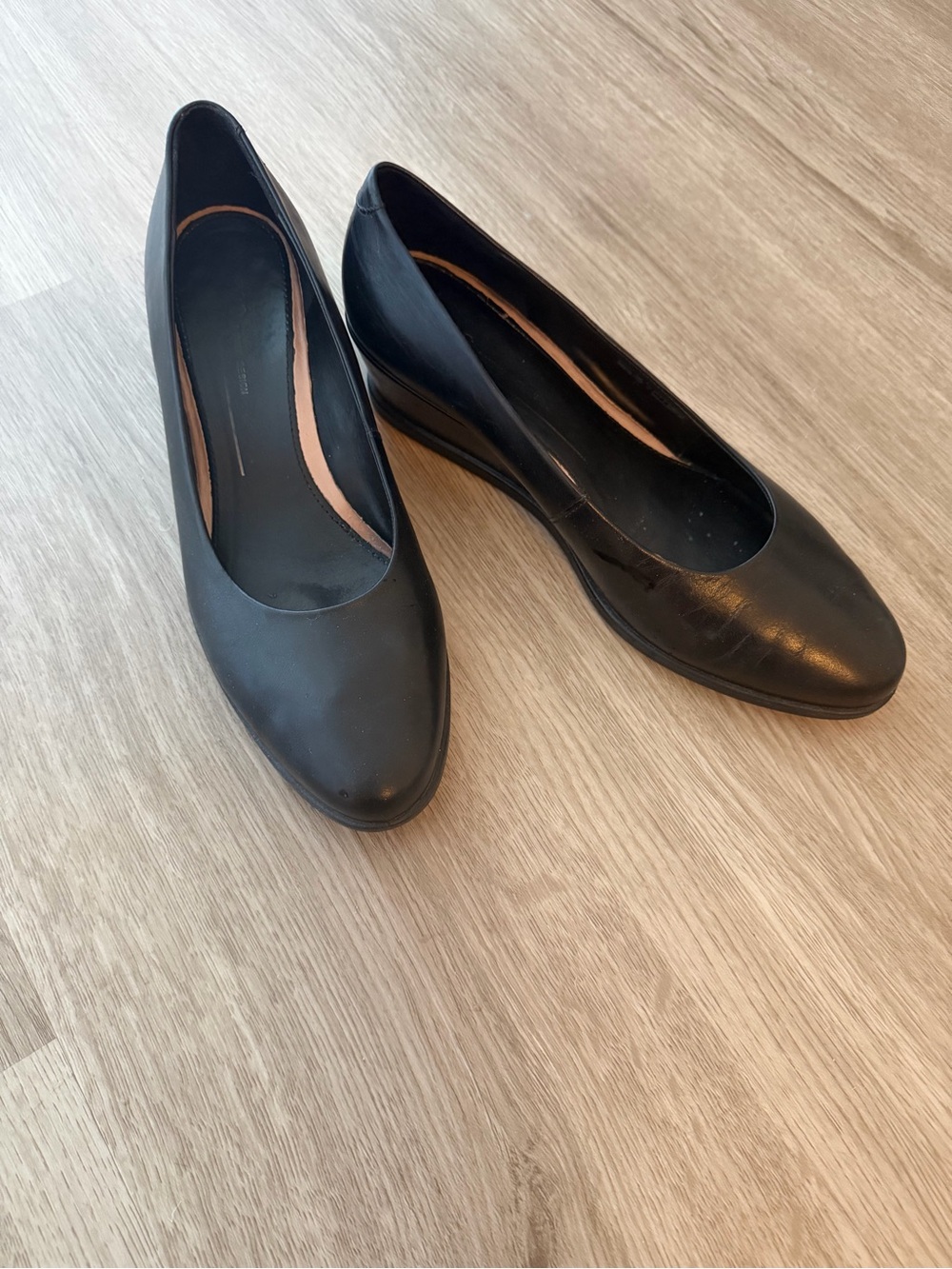 Ecco Shape 45 Black Leather Low Wedge Pumps